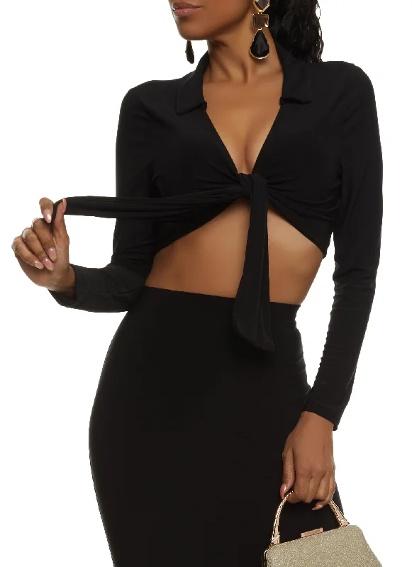 Long Sleeve Tie Front Cropped Blouse