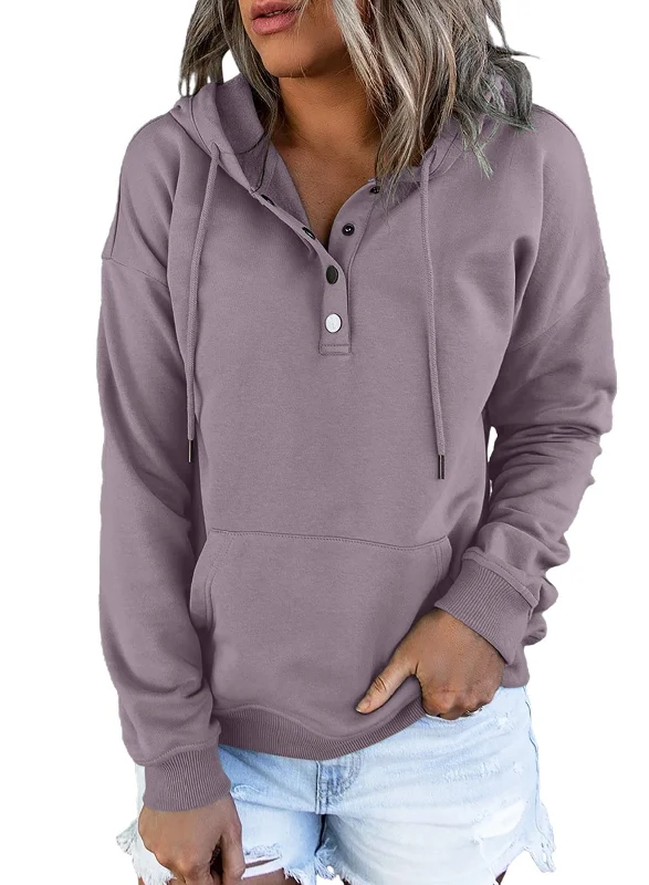 Blibea Women's Hoodie Sweatshirt Long Sleeve 1/4 Button Closure Drawstring Pullover Hooded Tops